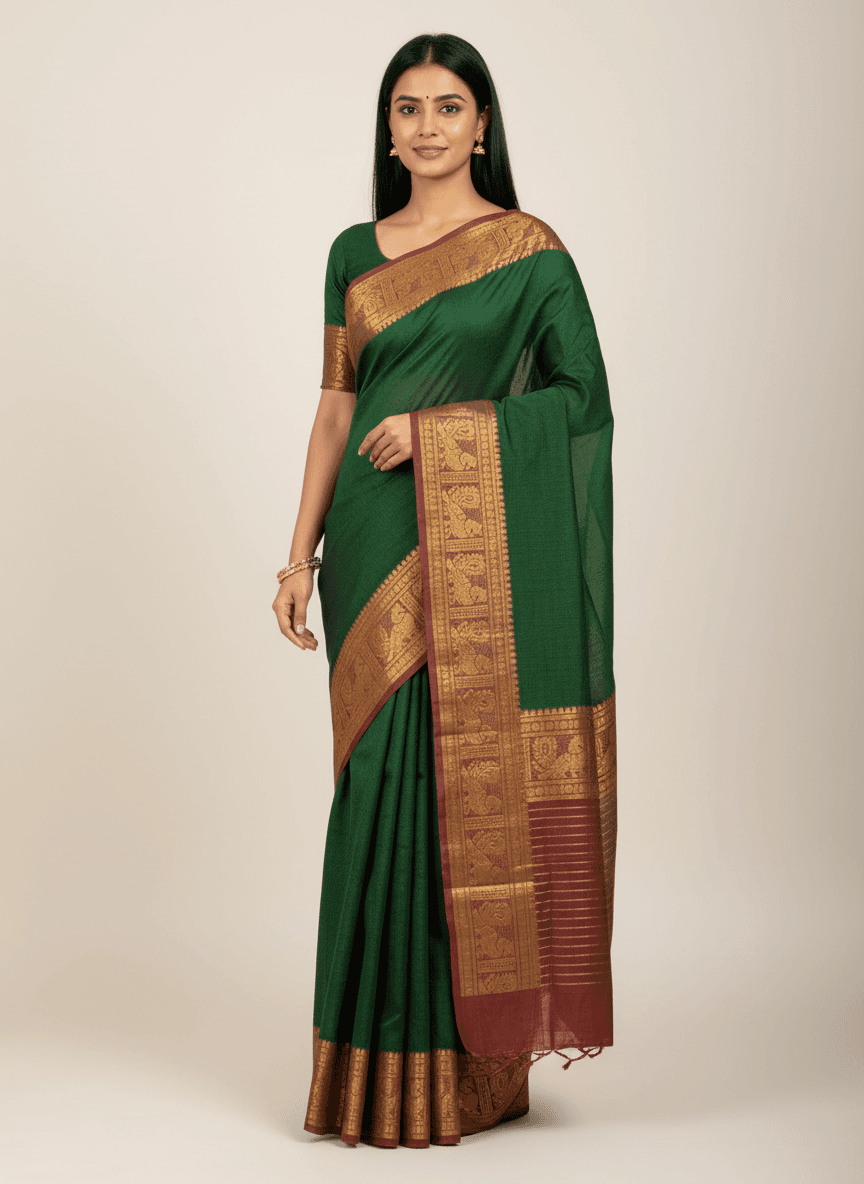 Kanchipuram Bottle Green Silk Saree — try-on view
